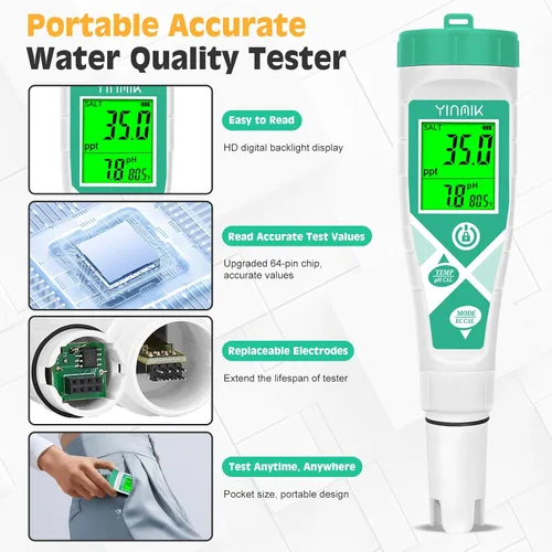 Vista 5 de Medidor de pH de salinidad, pH sal TDS EC probador para agua salada piscina acuario