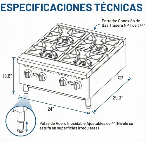 Vista 4 de Placa caliente de gas comercial de 24 pulgadas, rango de encimera de 4 quemadores 120,000 BTU, estufa de acero inoxidable resistente con rejillas
