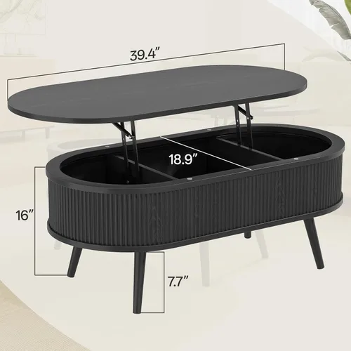 Vista 2 de Mesa auxiliar ovalada con almacenamiento, moderna mesa de centro acanalada con parte superior elevadora, mesas de centro pequeñas con Negro