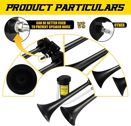 Vista 2 de GAMPRO Bocina de aire de 150db 12V, trompeta doble de zinc cromado con compresor para cualquier vehículo de 12 V (negro)