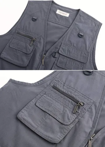 Vista 7 de Hbufnha Chaleco de viaje casual Safari para hombre, 16 bolsillos, chaleco de trabajo al aire libre, chaqueta sin mangas, chaqueta de pesca