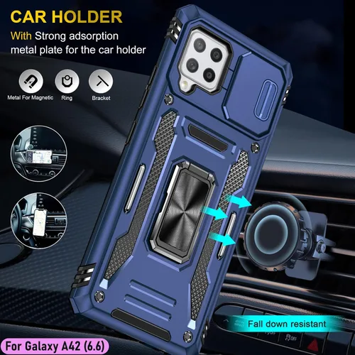 Vista 8 de Funda resistente para Samsung Galaxy A42 (5G), protector híbrido de goma de doble capa de grado militar con protector de cámara deslizante, soporte