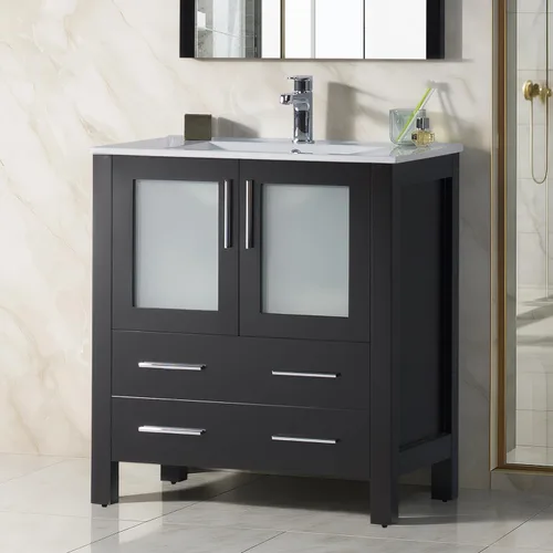 Vista 12 de Blossom Tocador de baño de madera maciza espresso de 16 pulgadas con fregadero, pequeño gabinete independiente con fregadero de cerámica y puerta