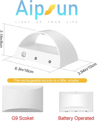 Vista 2 de Aipsun Aplique de pared blanco con pilas, 2 unidades, luces LED de pared recargables USB, luz de pared regulable para interiores para sala de estar