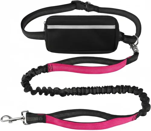 Vista 9 de Correa para perro manos libres con cinturón y bolsa grande con cremallera, correa de cintura para pasear perros, correr y senderismo, costuras Negro