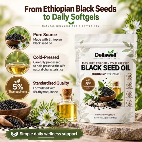 Vista 3 de Dellawell - Cápsulas blandas de aceite de semilla negra etíope, 1000 mg por porción, 5% timoquinona, suplemento de semillas negras prensadas