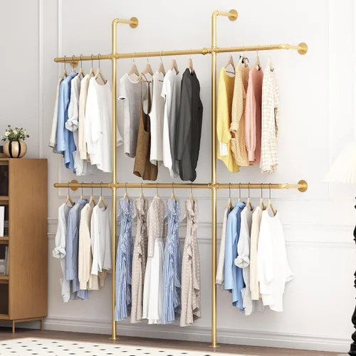 Vista 6 de Perchero de ropa de tubería dorado montado en la pared, percheros industriales con 6 varillas para colgar, estantes de ropa resistentes