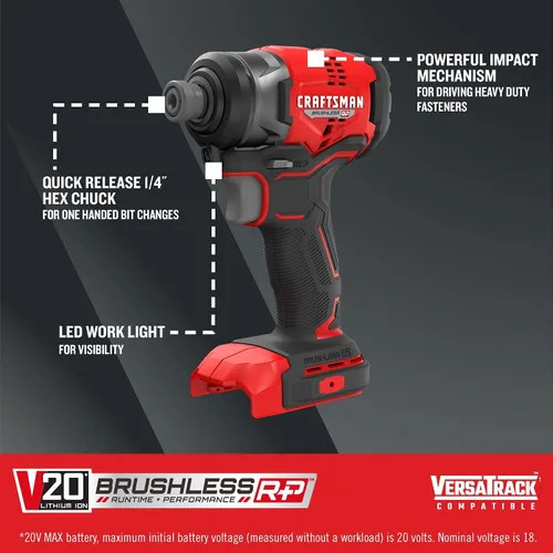 Vista 2 de CRAFTSMAN Destornillador de impacto inalámbrico V20, 1/4 de pulgada, solo herramienta desnuda (CMCF813B)