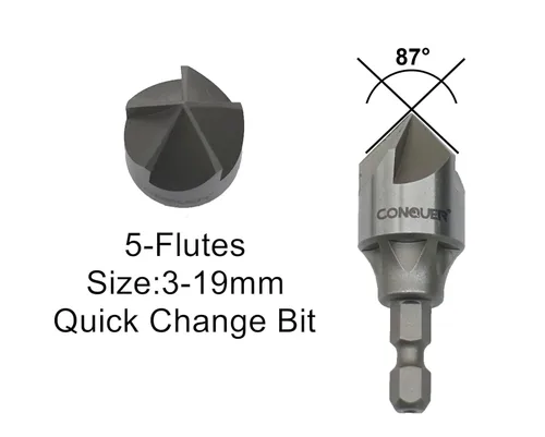 Vista 2 de CONQUER Tools - Broca avellanadora de metal con 5 flautas, 87 grados para vástago hexagonal de 1/4 pulgadas, ajuste de 1/8"-3/4