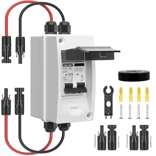 Vista 36 de Interruptor de desconexión de panel solar, disyuntor miniatura de 20 amperios CC CA, 500 V, 2 polos con conector fotovoltaico y caja impermeable