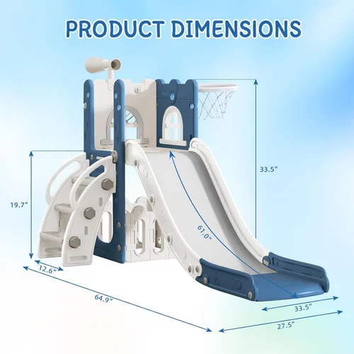 Vista 3 de MOCUTEEN Tobogán 6 en 1 para niños pequeños, juego de bebé para interiores y exteriores con aro de baloncesto, almacenamiento y telescopio, juguetes