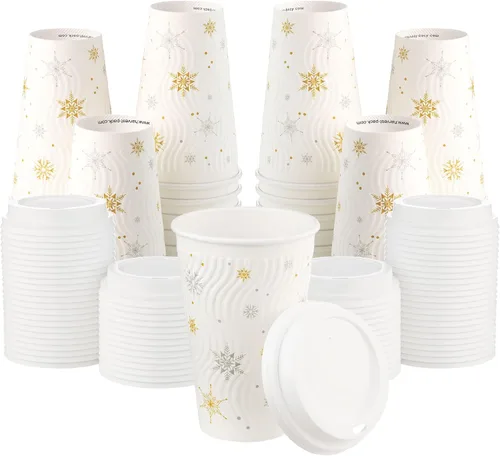 Vista 12 de Harvest Pack - Juego de 100 tazas de café desechables de Navidad de 12 onzas con tapas, tazas de papel caliente aisladas con copos de nieve blancos