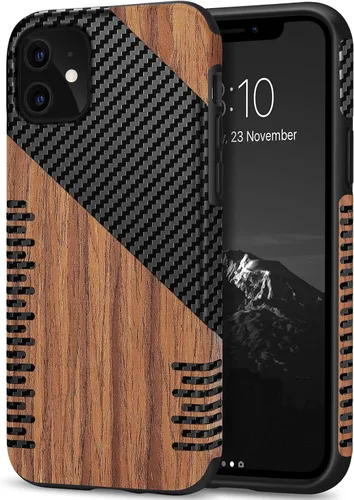 Vista 11 de TENDLIN Compatible con iPhone 11 Funda de grano de madera con textura de fibra de carbono, diseño híbrido de cuero, color negro