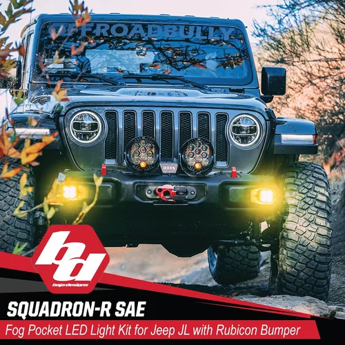 Vista 2 de Kit de luces LED de niebla de bolsillo Baja Designs Squadron-R SAE compatible con Jeep Gladiator 2020-22; Wrangler JL 2018-22 parachoques OEM