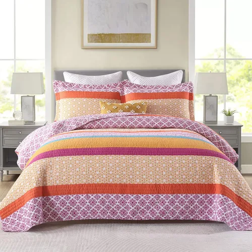 Vista 7 de SahSahCasa Juego de edredón, tamaño Queen, juego de ropa de cama 100% algodón, colcha reversible ligera con diseño floral de patchwork para cama