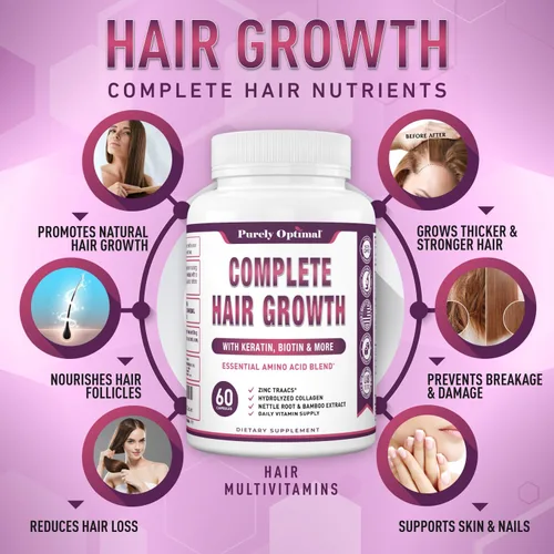 Vista 3 de Purely Optimal Vitaminas para el crecimiento del cabello – Apoya el crecimiento del cabello más grueso, más fuerte, piel y uñas saludables