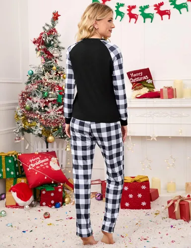 Vista 7 de MISSKY Pijamas de Navidad para la familia, conjuntos de pijamas de Navidad a juego, camisas de manga larga, pantalones, pijamas de Navidad