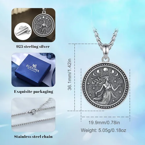 Vista 70 de EUDORA Collar de plata de ley 925 con moneda Hécate, Athena, Perséfono, Nyx, diosa de la luna triple, diosa celta, rueda de Hécate, llave, regalo