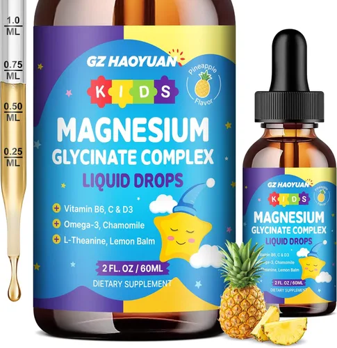 Vista 10 de Gotas líquidas de glicinato de magnesio para niños, con L-teanina, omega-3, vitaminas B6 y D3, zinc y calcio, para apoyo al sueño, relajación
