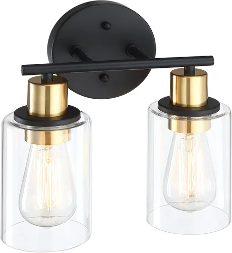 Vista 8 de Lámpara de tocador de 3 luces negra y dorada sobre el espejo, lámparas de pared de baño con pantalla de vidrio transparente que incluye base mediana
