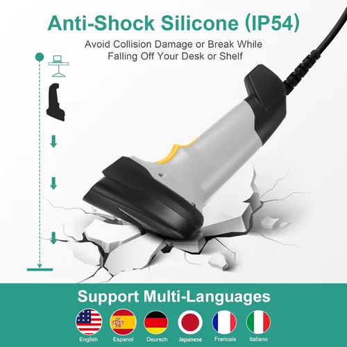 Vista 6 de Escáner de código de barras, escáner de código QR de mano conexión con cable USB 1D 2D y PDF417 Matriz de datos Lector automático de códigos
