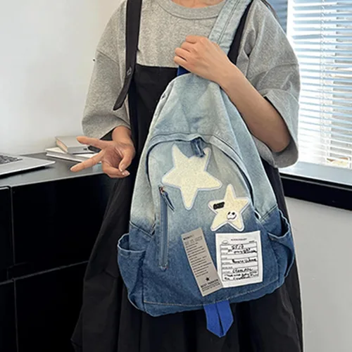 Vista 5 de Mochila de mezclilla Y2K de viaje, linda mochila de mezclilla kawaii gótica, estética, vintage, retro, mezclilla grunge, mochila para viajes