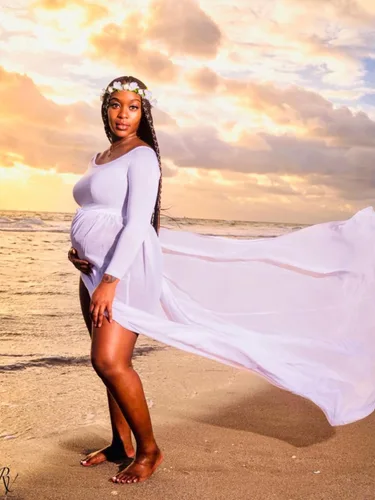 Vista 3 de YnimioAOX Vestido de maternidad de manga larga con hombros descubiertos para fotografía vestido de maternidad de gasa para sesión de fotos