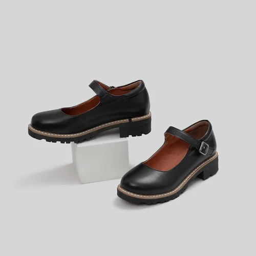 Vista 3 de Zapatos Oxford Mary Janes de cuero para mujer, zapatos planos gruesos y bajos de plataforma de costura retro clásicos con correa de tobillo