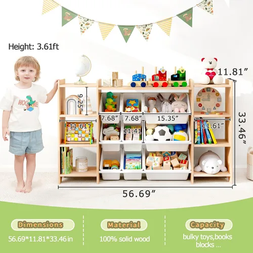 Vista 3 de MallBest Estante organizador de almacenamiento de juguetes para niños de 4 niveles, 100% madera maciza, armario de almacenamiento extra ancho