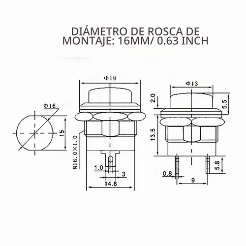 Vista 6 de Interruptor de encendido y apagado momentáneo de 0.630 in, surtido rojo, verde, amarillo, azul, blanco, negro, 3A, 250 V, CA, 2 pines, mini