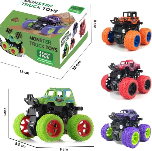 Vista 2 de Monster Trucks para niños, paquete de 4 vehículos de tracción para niños pequeños, rotación de 360°, 4 ruedas, autos de fricción duraderos, juguetes
