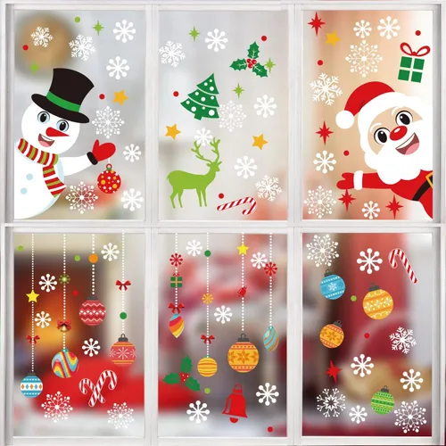 Vista 2 de KIMOBER 150 piezas de calcomanías de Navidad para ventana, muñeco de nieve de Papá Noel, bolas de Navidad, decoración de vidrio para suministros
