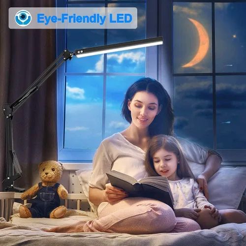 Vista 4 de Lámpara de escritorio LED para el hogar, oficina, lectura, luz de escritorio ajustable con abrazadera, lámpara de brazo oscilante incluye 3 modos