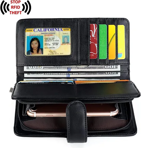 Vista 2 de UTO Cartera de cuero vegano para mujer, cartera larga con broche de presión, tarjetero de crédito, elegante embrague