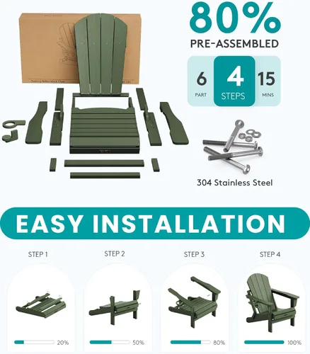 Vista 6 de SERWALL Silla Adirondack plegable para exteriores, silla de patio con portavasos - Ejército