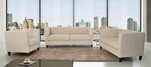 Vista 19 de Container Furniture Direct Sofá clásico de oficina tapizado de terciopelo de tres plazas con capitoné, cómodo sofá de oficina para espacios grandes