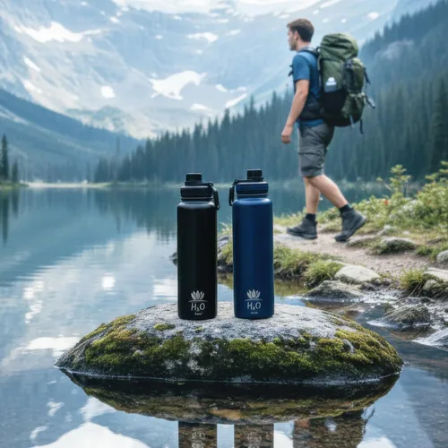 Vista 6 de Botella de agua prémium de 1 litro (33.8 onzas) con funda de transporte y correa, botella de agua de acero inoxidable aislada al vacío de doble Negro