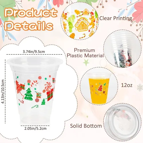 Vista 6 de GuassLee Vasos desechables de Navidad, paquete de 50 vasos de plástico desechables transparentes de 12 onzas con 5 estilos de patrones para niños