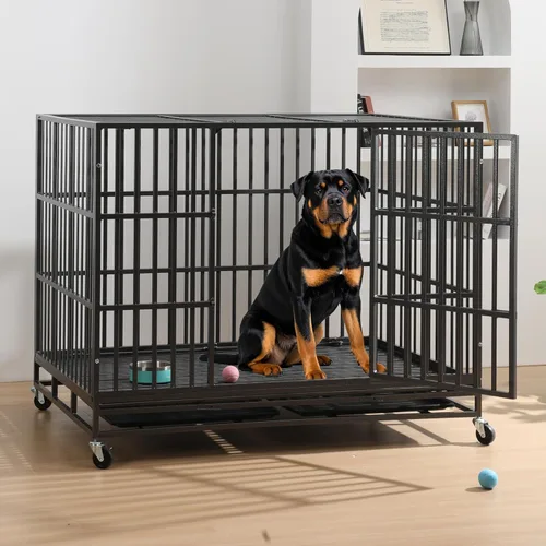 Vista 9 de Jaula de acero resistente de 24 pulgadas para perros con alta ansiedad, con cerraduras resistentes y bandeja extraíble, jaula para perros pequeños