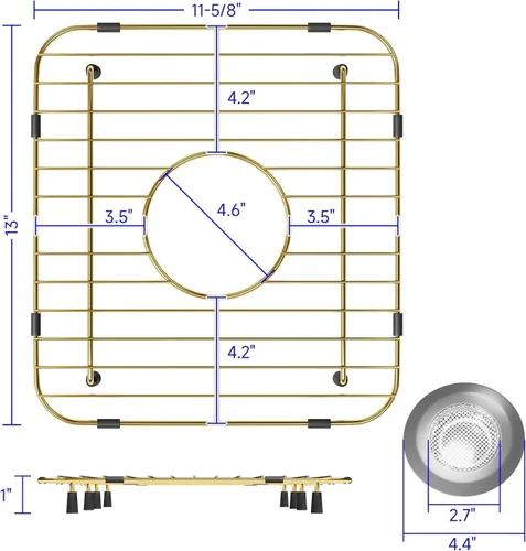 Vista 4 de Paquete de 2 rejillas de metal dorado para fregadero de cocina, 13"L X 11.6"W, protectores de fregadero de acero inoxidable con orificio de drenaje