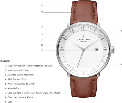 Vista 3 de Nordgreen Reloj filósofo escandinavo plateado con correas intercambiables