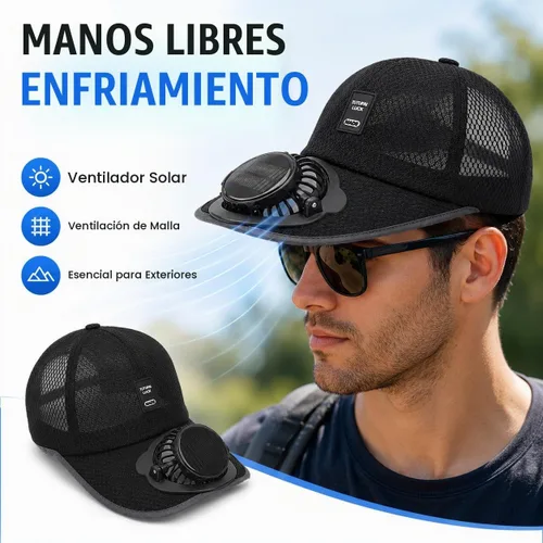 Vista 6 de Sombrero de pesca con ventilador solar, recargable por USB, negro