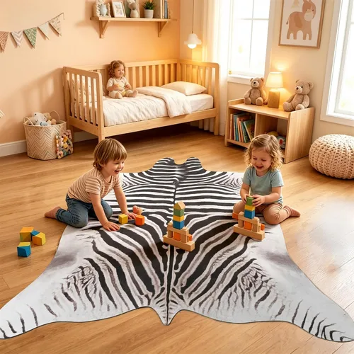 Vista 31 de Easycozy Alfombra de piel de vaca sintética con gran estampado de vaca, 3 x 4 pies, alfombra gruesa y elástica para dormitorio, sala de estar