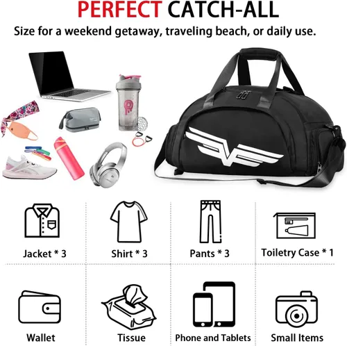 Vista 6 de FIORETTO 30L Sports Gym Duffle Bag with Wet Pocket & Shoe Compartment, Water Repellent Weekender Hospital Overnight Bag for Women, Sports Holdall