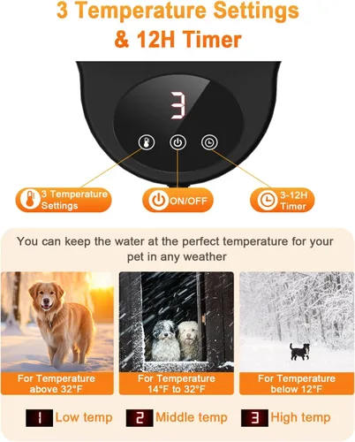 Vista 3 de Tazón de agua caliente para perros y gatos, 3 ajustes de temperatura y temporizador de 12H, tazón para mascotas con calefacción para exteriores