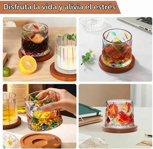 Vista 5 de Vaso de vidrio antiguo giratorio, 275ml/10oz Juego de vasos de whisky de cristal de 2 piezas, posavasos de madera, engrosamiento, utilizado como