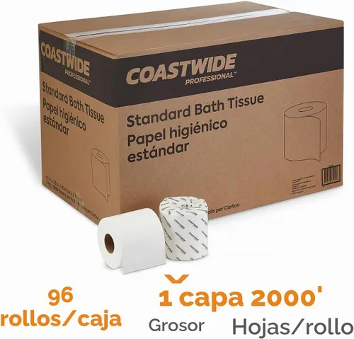 Vista 2 de Staples COASTWIDE - Papel higiénico, 1 capa, blanco, sin perfume, 96 rollos/caja, 1000 hojas/rollo, seguro para sépticos, duradero y absorbente