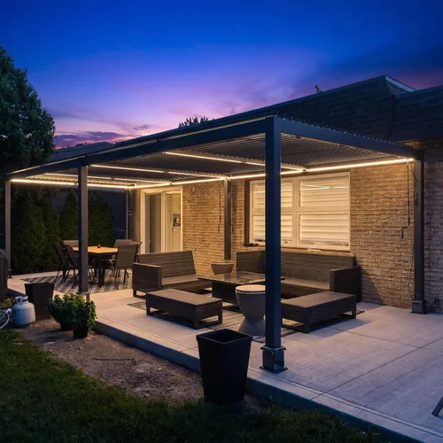 Vista 23 de PURPLE LEAF Pérgola con listones 92KS de 8 x 10 pies con tira LED regulable solar integrada, techo ajustable de aluminio a prueba de lluvia