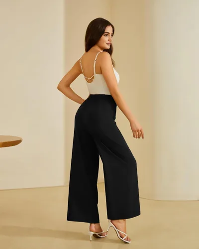 Vista 5 de FireSwan Pantalones de Trabajo de Pierna Ancha para Mujer Cintura Elástica Alta Vestido Pantalones Palazzo Pantalones con Bolsillos con Cremallera