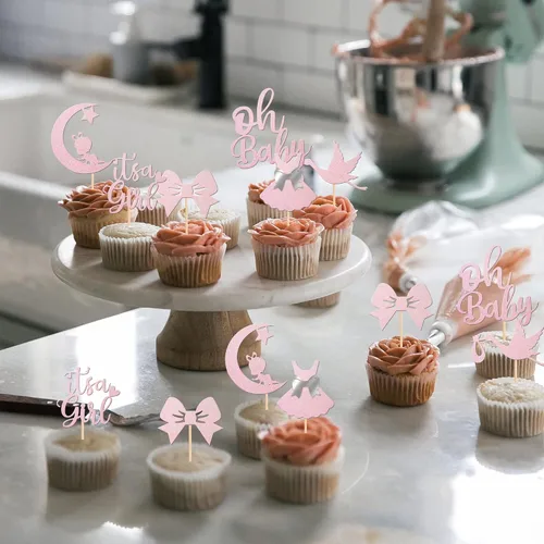 Vista 3 de 24 piezas de adornos para cupcakes con lazo con purpurina, vestido de luna Oh Baby para revelación de género, baby shower, fiesta de cumpleaños
